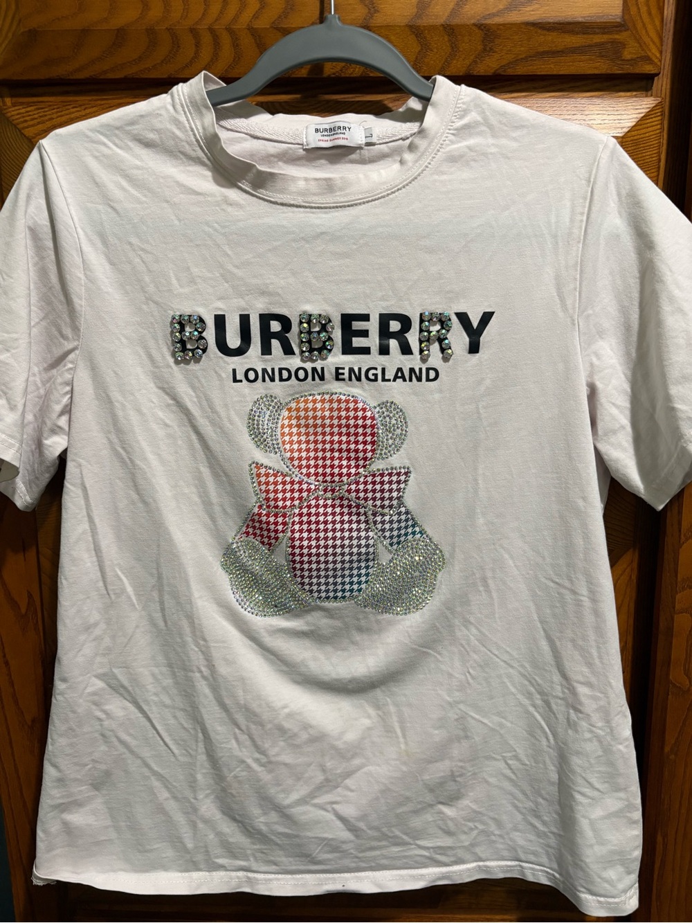 Burberry White Tee with Multicolor Houndstooth Teddy Bear and Crystal Logo